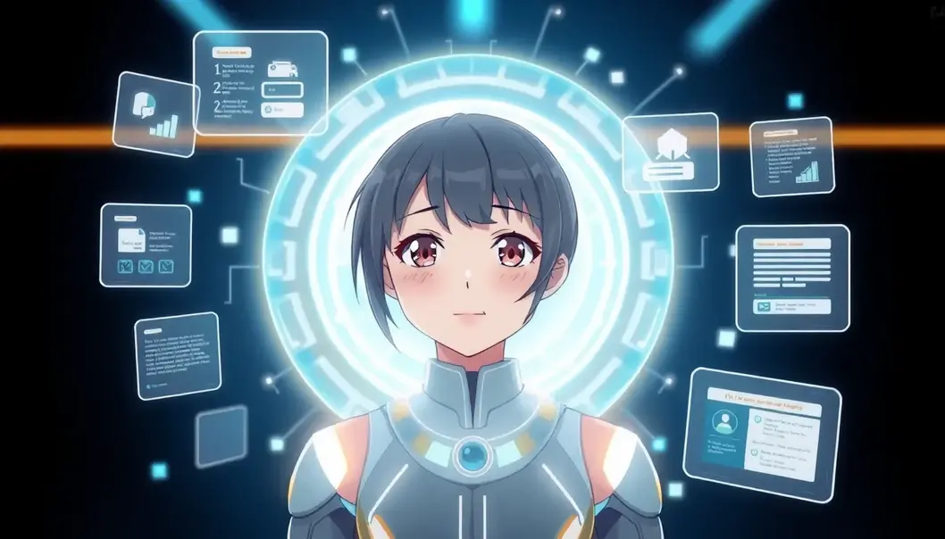 A cheerful AI assistant depicted as a holographic anime character helping manage tasks.