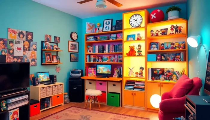 Colorful teenage room with anime figures on vibrant, organized shelves.