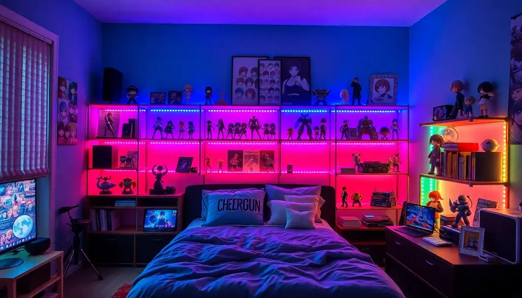 Epic shelves with LED lighting showcasing anime figures.