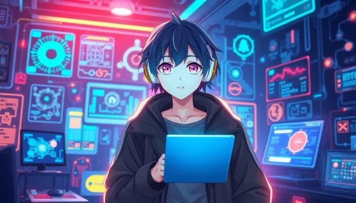 An anime character surrounded by digital interfaces, symbolizing AI-enhanced productivity.