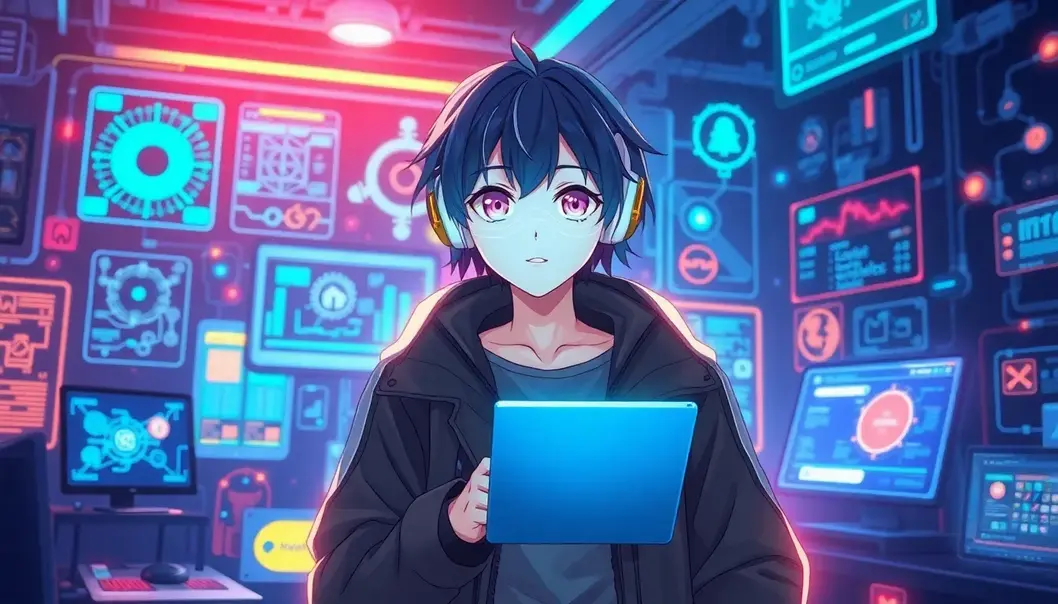 An anime character surrounded by digital interfaces, symbolizing AI-enhanced productivity.