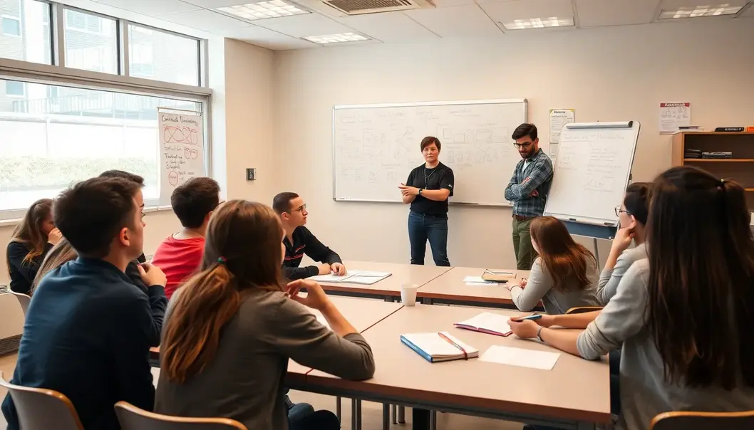 Students engage in a critical thinking session guided by their teacher.