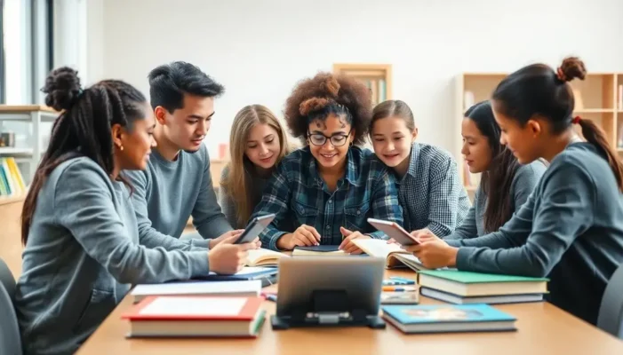 Diverse students collaborating at a table in a learning setting.