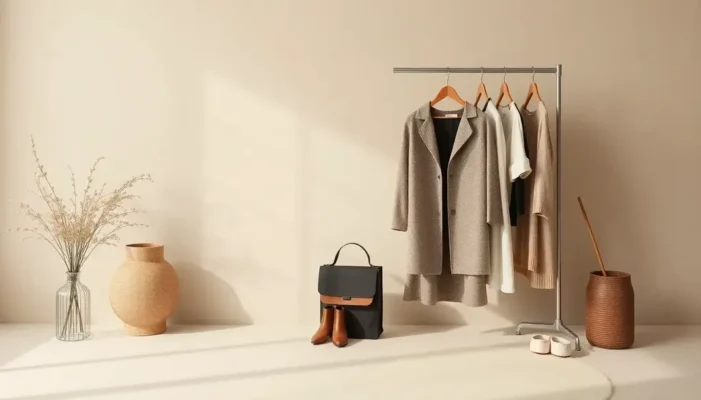 An elegantly curated minimalist wardrobe against a backdrop of muted colors.